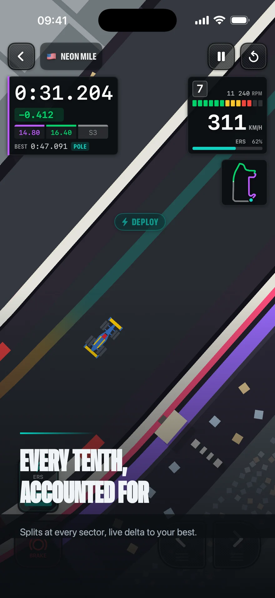 A flying lap at Neon Mile: lap clock, live delta, sector splits and the ERS bar