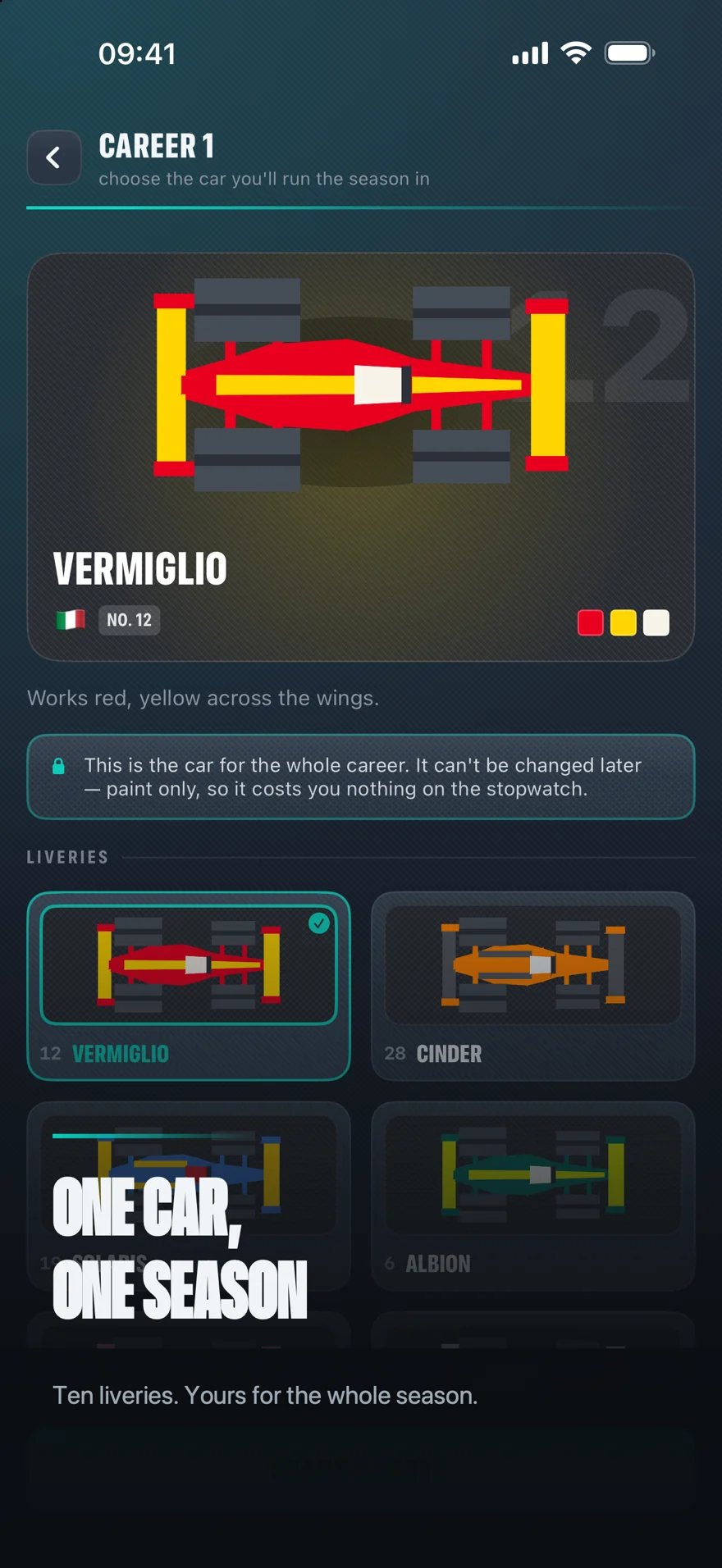 The livery chooser, a red and yellow car above a grid of alternatives