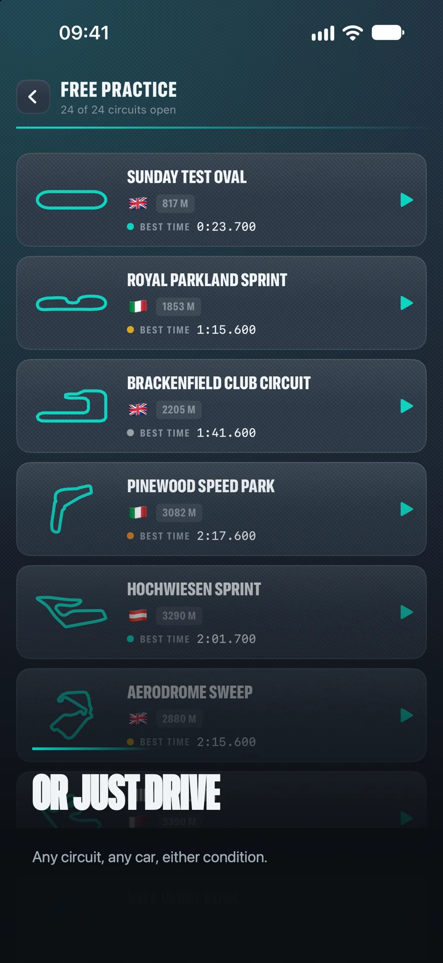 The Free Practice circuit list with personal bests